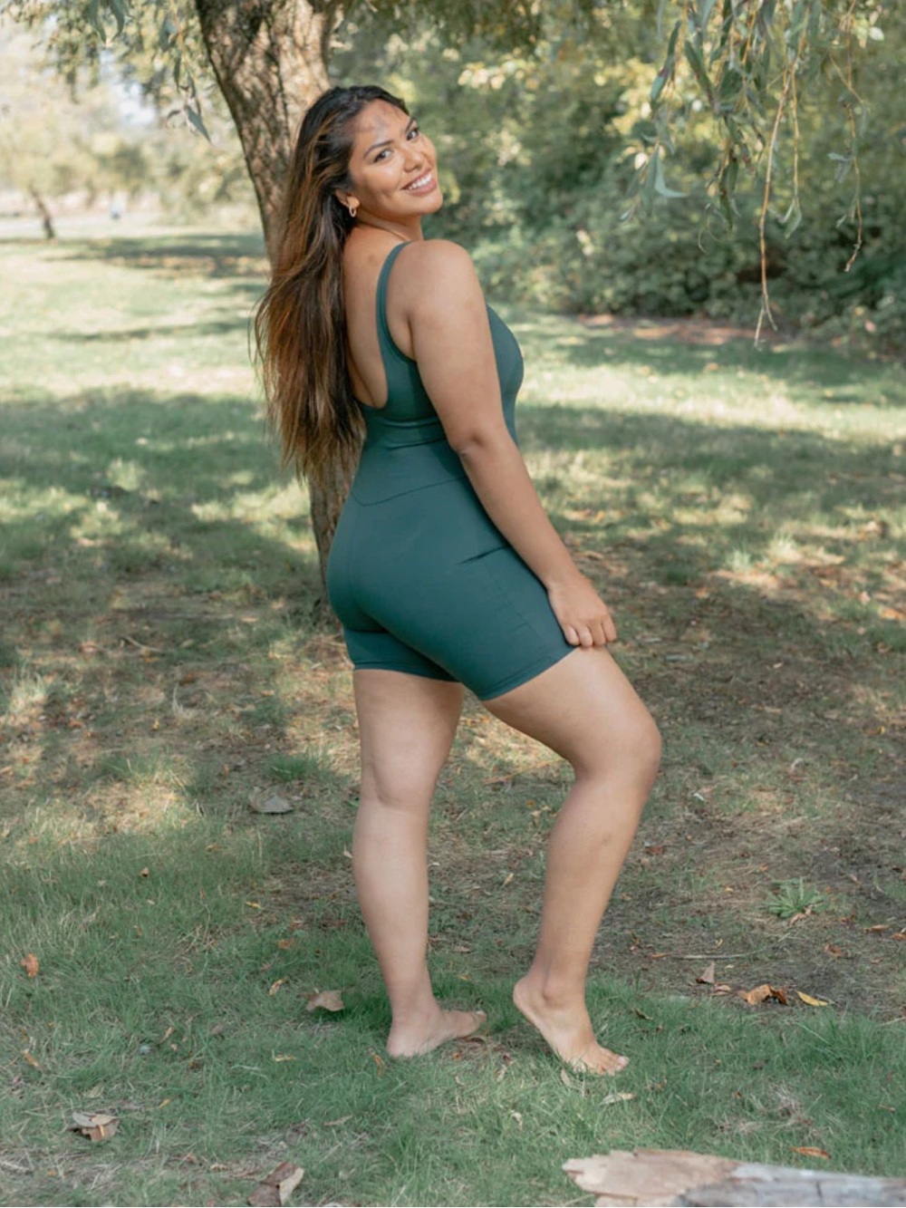 Girlfriend Collective Green Bike Unitard Scoop-Back Romper